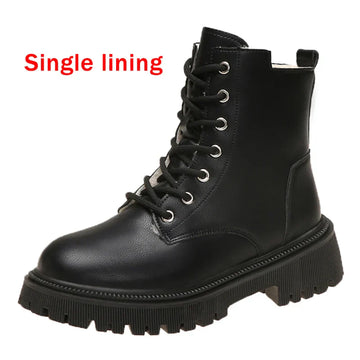 Xajzpa Chunky Heels Lace Up Combat Boots Women Winter Warm Short Plush Ankle Boots Woman Platform Non-Slip PU Leather Short Botas Mujer